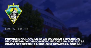 Privremena rang lista za dodjelu stipendija studentima dodiplomskog studija sa područja Grada Srebrenik za školsku 2024/2025. godinu