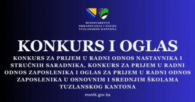 Ministarstvo obrazovanja i nauke: Konkursi/oglas za prijem zaposlenika u osnovnim i srednjim školama Tuzlanskog kantona